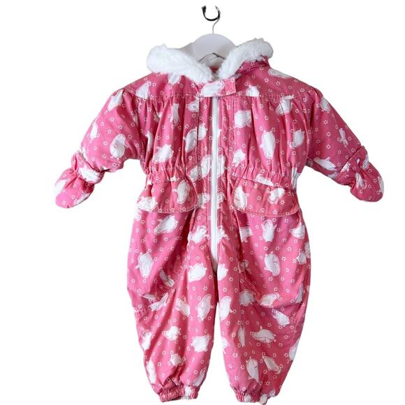 Vintage Andy Johns Kids Puffy Snowsuit Girls Sz‎ 18 Mos Pink Penguins - Picture 1 of 9